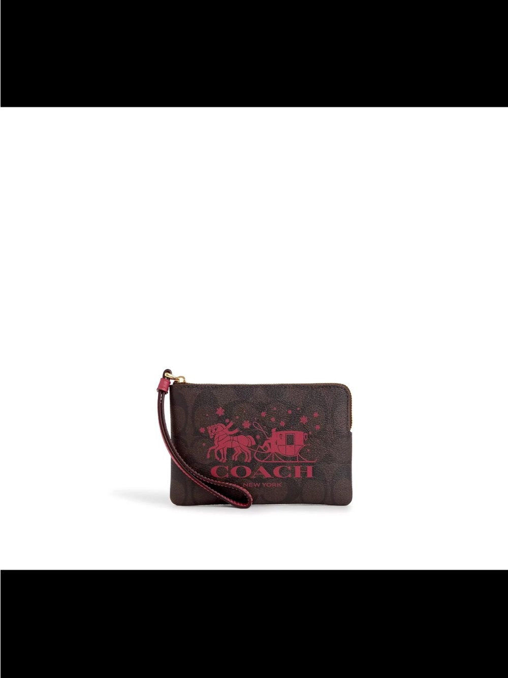 Coach Brown Signature Canvas Wristlet with Pink Logo Print